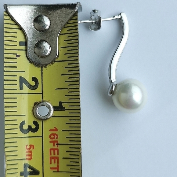 Sterling Silver CZ White Pearl Drop Earrings - Picture 5 of 6